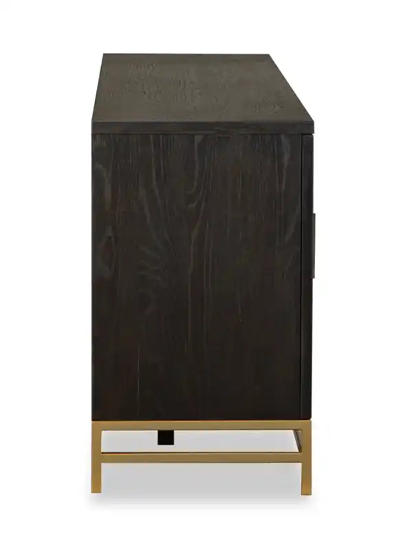 Meuble TV moderne en bois massif de 84 pouces avec rangement et gestion des câbles pour téléviseurs jusqu'à 90 pouces - Café