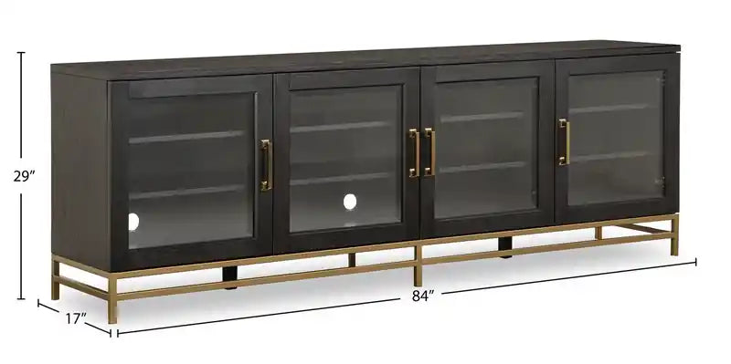 Meuble TV moderne en bois massif de 84 pouces avec rangement et gestion des câbles pour téléviseurs jusqu'à 90 pouces - Café