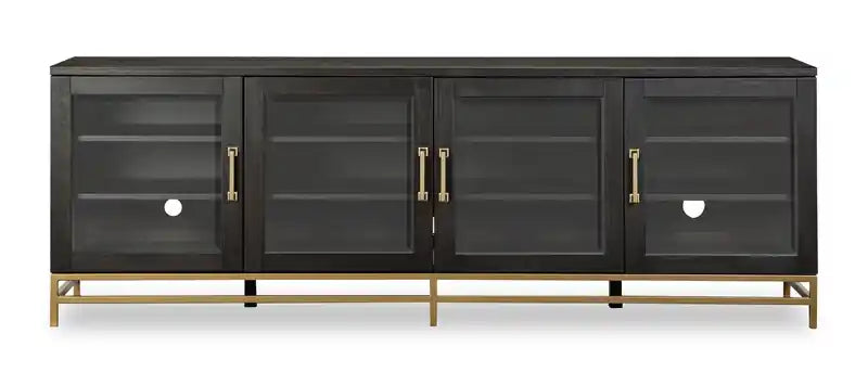 Meuble TV moderne en bois massif de 84 pouces avec rangement et gestion des câbles pour téléviseurs jusqu'à 90 pouces - Café