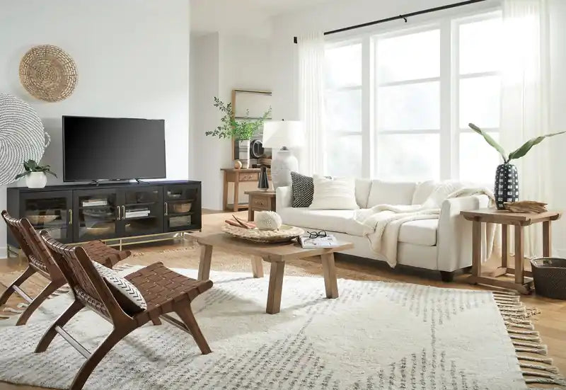 Meuble TV moderne en bois massif de 84 pouces avec rangement et gestion des câbles pour téléviseurs jusqu'à 90 pouces - Café