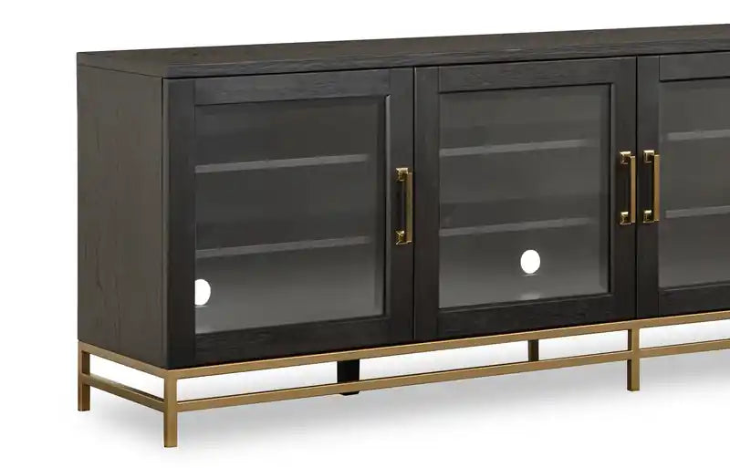 Meuble TV moderne en bois massif de 84 pouces avec rangement et gestion des câbles pour téléviseurs jusqu'à 90 pouces - Café