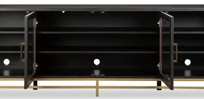 Meuble TV moderne en bois massif de 84 pouces avec rangement et gestion des câbles pour téléviseurs jusqu'à 90 pouces - Café