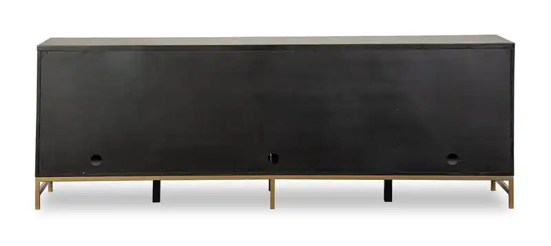 Meuble TV moderne en bois massif de 84 pouces avec rangement et gestion des câbles pour téléviseurs jusqu'à 90 pouces - Café