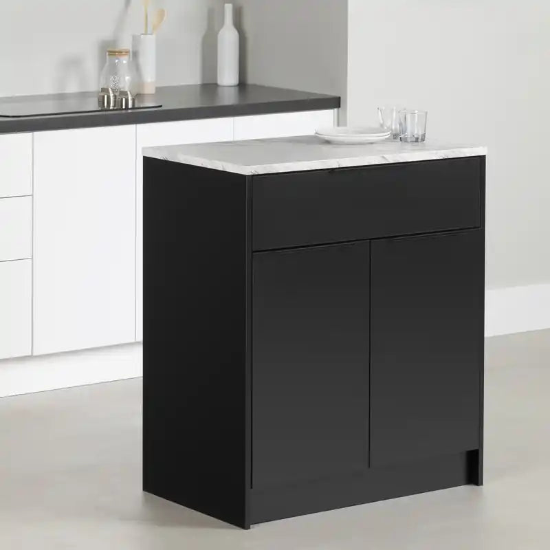 Îlot de cuisine compact avec rangement - Noir mat et faux marbre blanc
