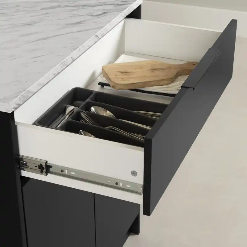 Îlot de cuisine compact avec rangement - Noir mat et faux marbre blanc