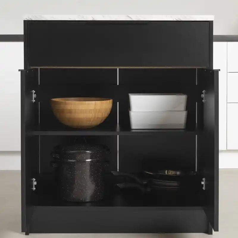 Îlot de cuisine compact avec rangement - Noir mat et faux marbre blanc