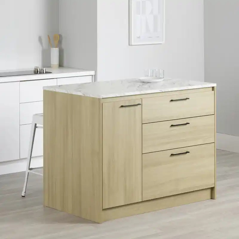 Îlot de cuisine avec porte et tiroirs - Faux marbre blanc et chêne clair