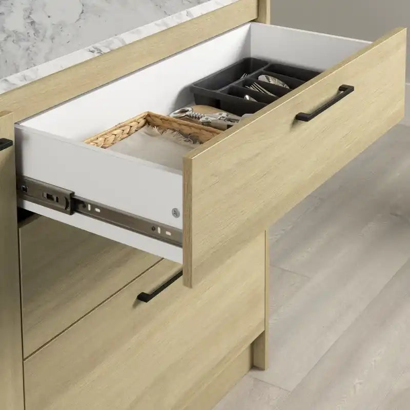 Îlot de cuisine avec porte et tiroirs - Faux marbre blanc et chêne clair
