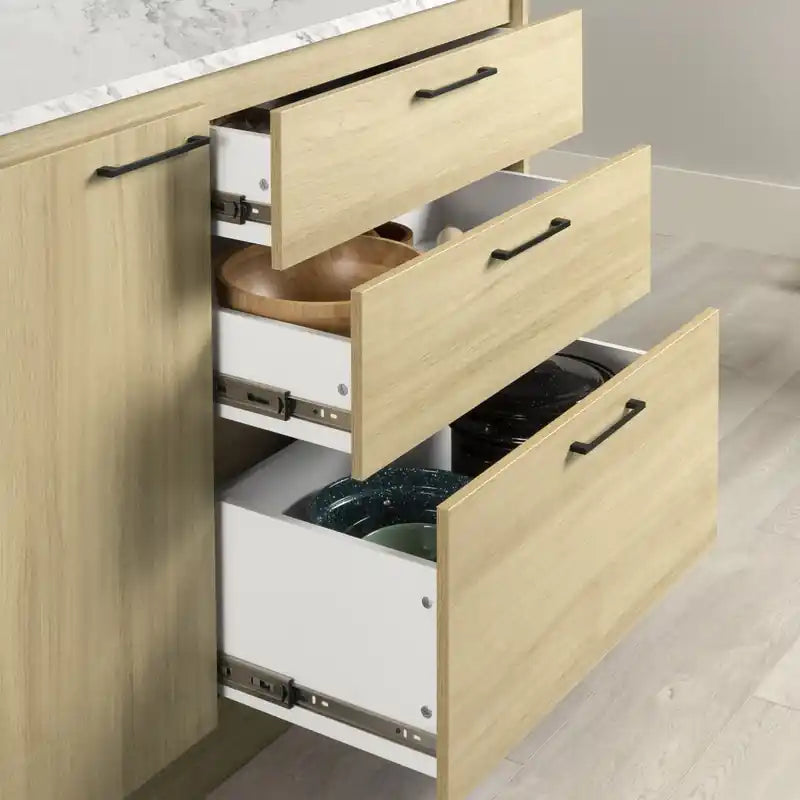 Îlot de cuisine avec porte et tiroirs - Faux marbre blanc et chêne clair