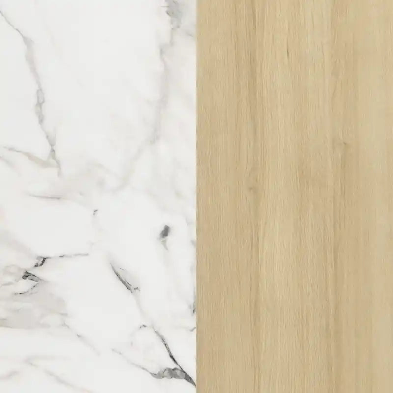 Îlot de cuisine avec porte et tiroirs - Faux marbre blanc et chêne clair