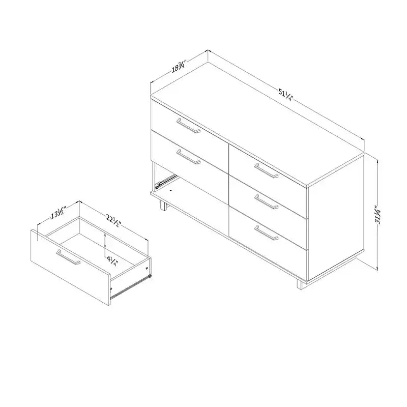 Commode de chambre à 6 tiroirs, 51,3 l x 31,3 H