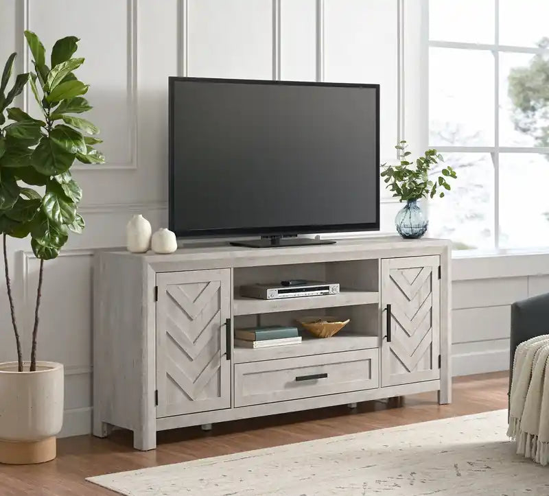 Meuble TV moderne de 70 po avec rangement et gestion des câbles pour téléviseurs jusqu'à 75 po