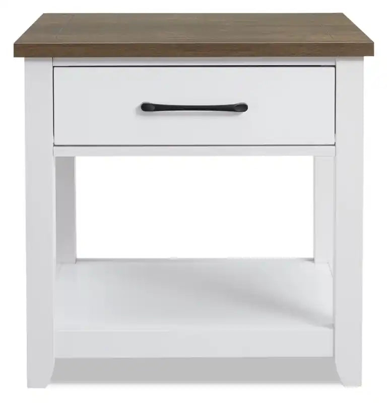 Table d'appoint traditionnelle avec rangement et étagère - Blanc et chêne noyer