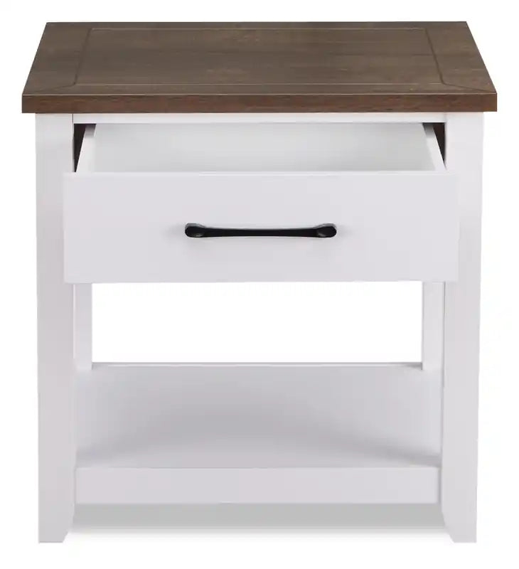 Table d'appoint traditionnelle avec rangement et étagère - Blanc et chêne noyer