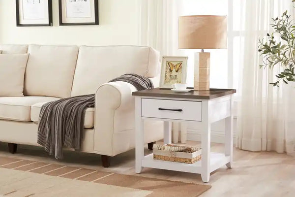 Table d'appoint traditionnelle avec rangement et étagère - Blanc et chêne noyer