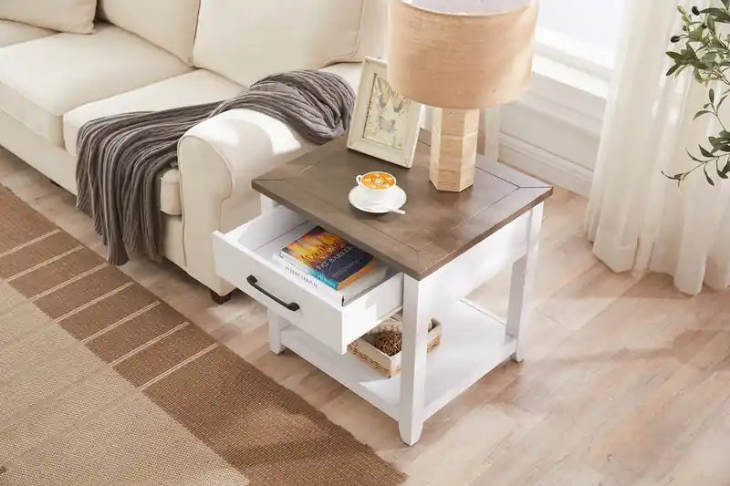 Table d'appoint traditionnelle avec rangement et étagère - Blanc et chêne noyer