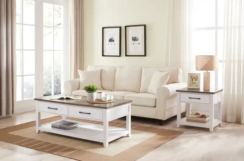 Table d'appoint traditionnelle avec rangement et étagère - Blanc et chêne noyer