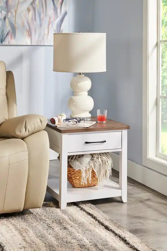 Table d'appoint traditionnelle avec rangement et étagère - Blanc et chêne noyer