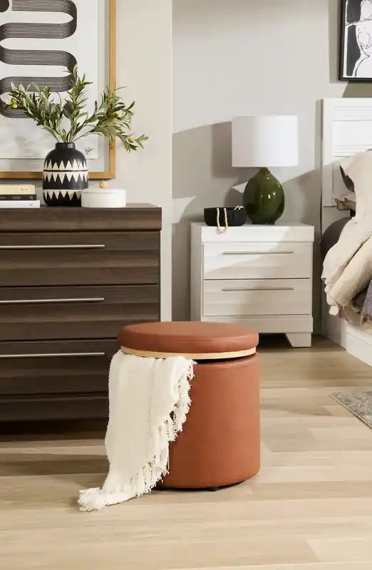 Pouffe de rangement rond 18 po - Similicuir marron