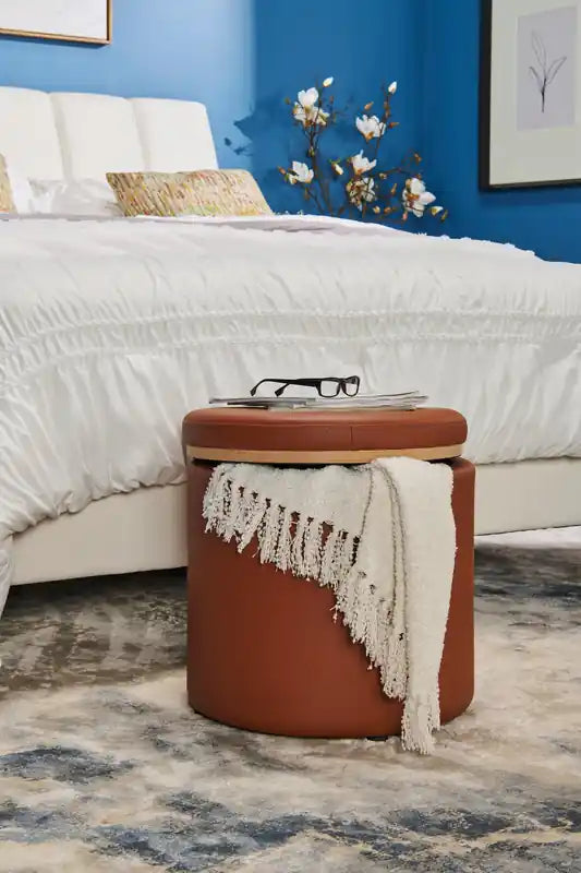 Pouffe de rangement rond 18 po - Similicuir marron