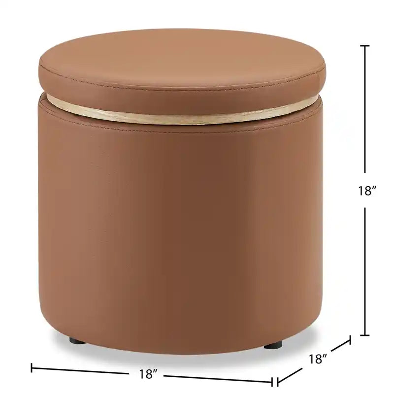 Pouffe de rangement rond 18 po - Similicuir marron