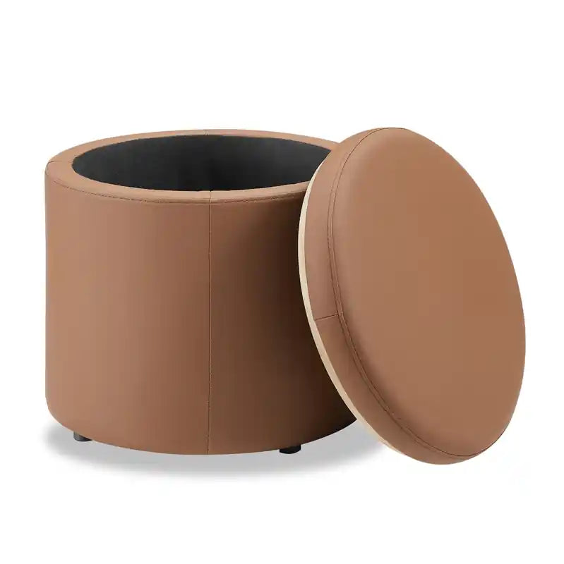 Pouffe de rangement rond 18 po - Similicuir marron