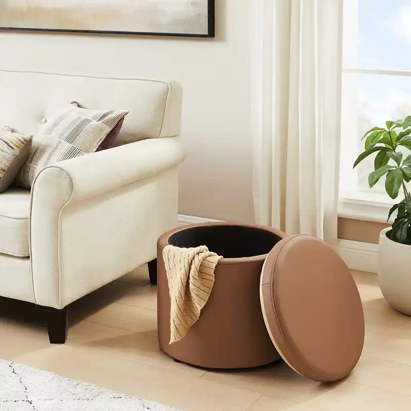 Pouffe de rangement rond 18 po - Similicuir marron
