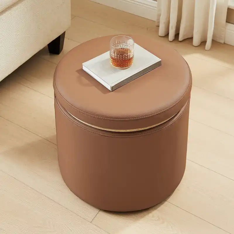 Pouffe de rangement rond 18 po - Similicuir marron