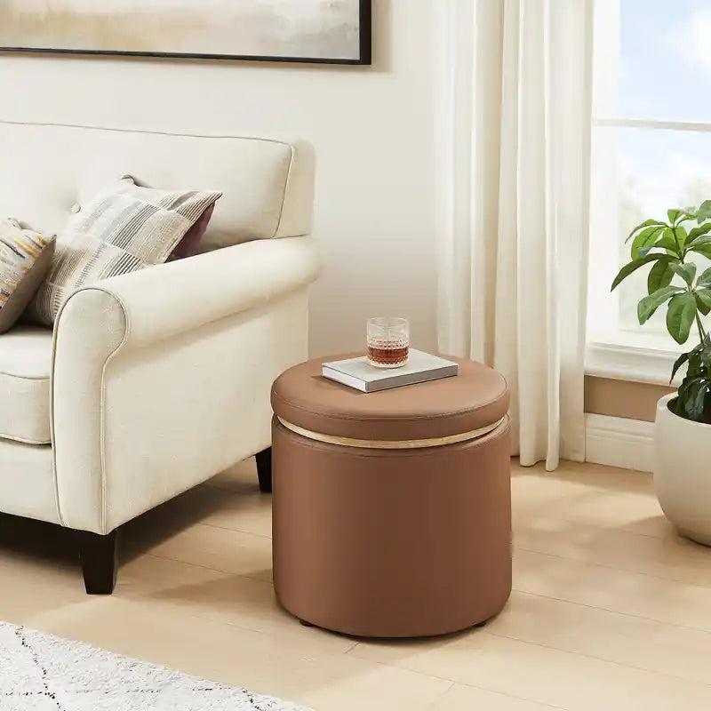 Pouffe de rangement rond 18 po - Similicuir marron