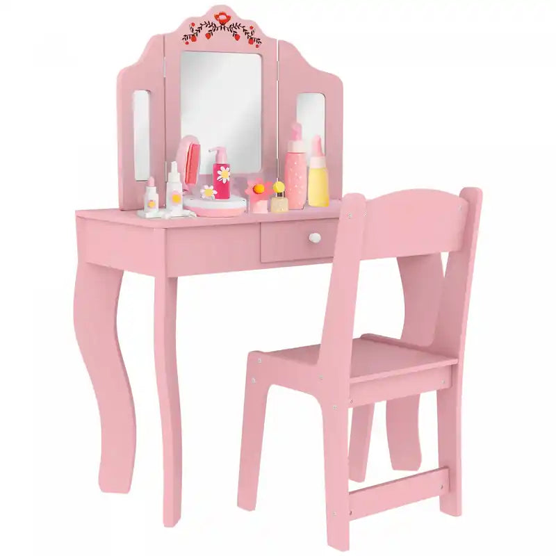 Qaba Kids Vanity Set, Dual-use Dressing Table With Removable Mirror, Makeup Table With Chair And Drawer, For Ages 3-8