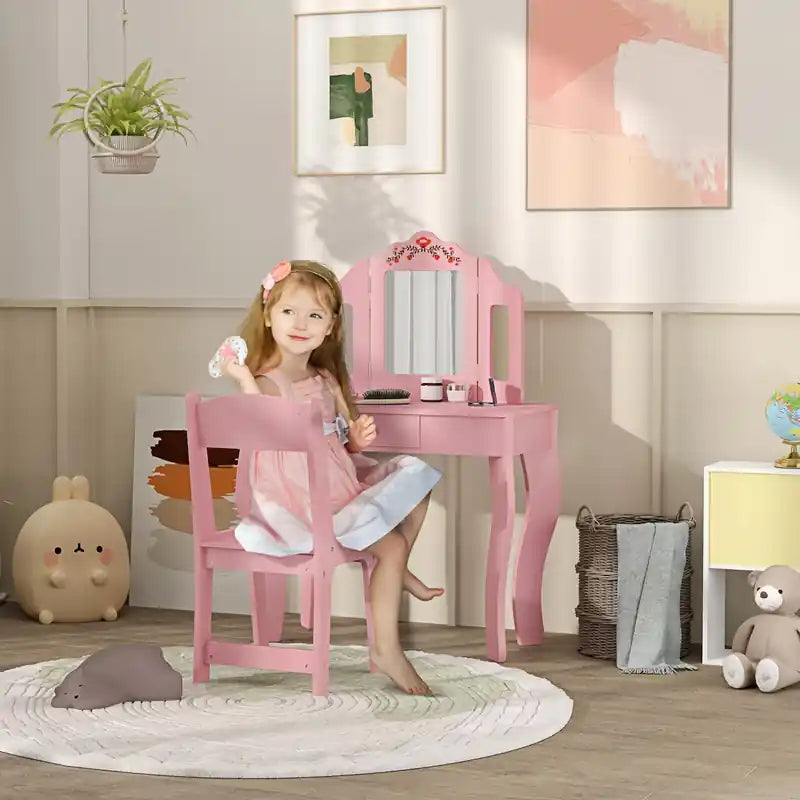 Table de maquillage et coiffeuse pour enfants avec miroir amovible, avec chaise et tiroir, pour les 3-8 ans