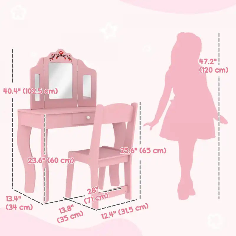 Table de maquillage et coiffeuse pour enfants avec miroir amovible, avec chaise et tiroir, pour les 3-8 ans