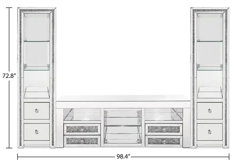 Meuble de divertissement 3 pièces  de 98,5 po avec rangement et gestion des câbles pour téléviseurs jusqu'à 65 po – Argent