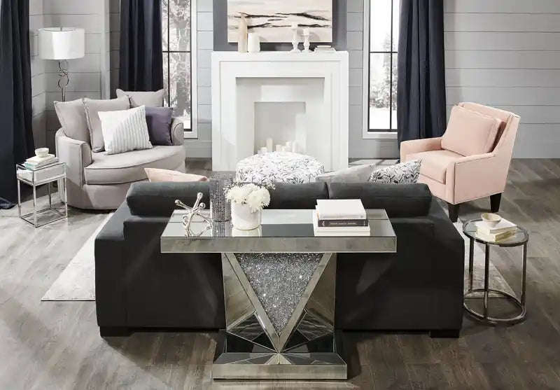 Table basse de 47,5 po avec miroir élégant et plateau en verre – Métal argenté avec pieds aspect diamant