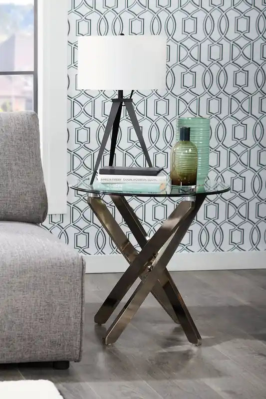 Table d'appoint ronde moderne en verre de 24 po – Argent avec base en acier inoxydable
